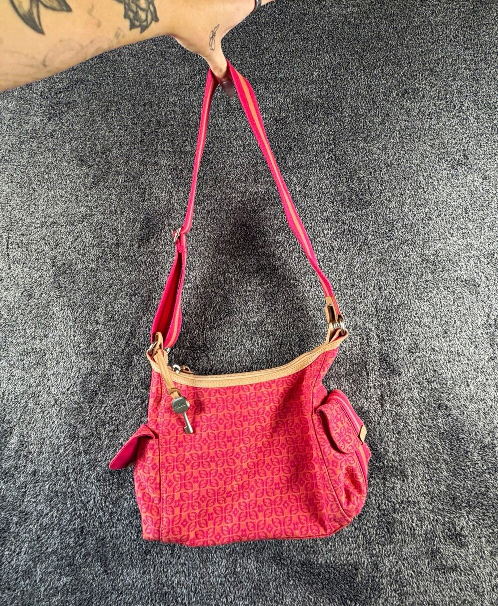 Fossil Key-Per Pink Orange Monogram Shoulder Bag Y2K Retro Boho Purse